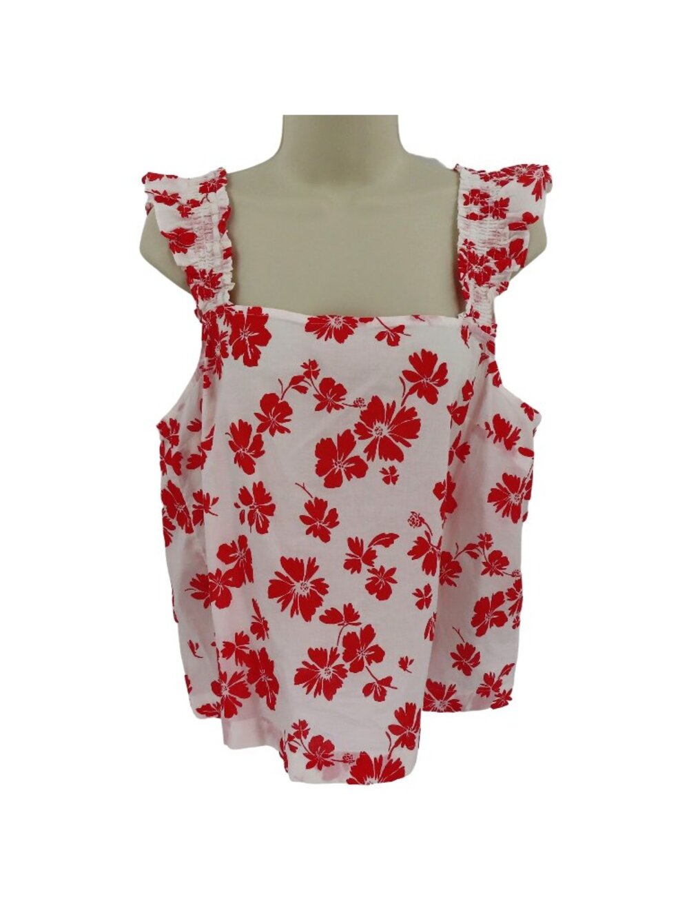 J Crew Women Large Red White Hibiscus Tropical Flower Ruffle Sleeve Tank Top NEW